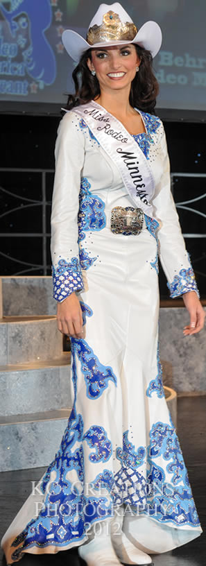 Miss Rodeo Minnesota, Sabrina Behr wears a white lambskin dress